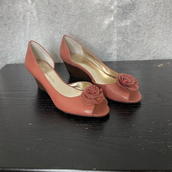 Etienne Aigner Coral Peep Toe Wedge Heels with Floral Accent | 8 - Picture 2 of 12